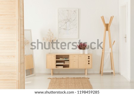 Flowers on wooden cupboard next to rack in white entrance hall interior with poster. Real photo Royalty-Free Stock Photo #1198459285