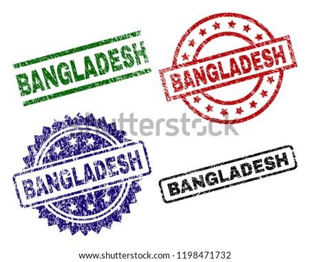 BANGLADESH seal prints with corroded style. Black, green,red,blue vector rubber prints of BANGLADESH label with corroded style. Rubber seals with circle, rectangle, medallion shapes.