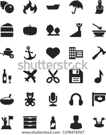solid black flat icon set heart symbol vector, desktop microphone, floppy disk, scissors, storage unit, bath, plates and spoons, teddy bear, garden trolley, plastic brush, city block, anchor, liquor