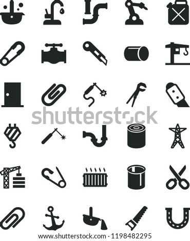 solid black flat icon set scissors vector, clip, safety pin, open, crane, tower, hook, adjustable wrench, hand saw, sewerage, ntrance door, knife, stationery, kitchen faucet, anchor, tin, valve, gas