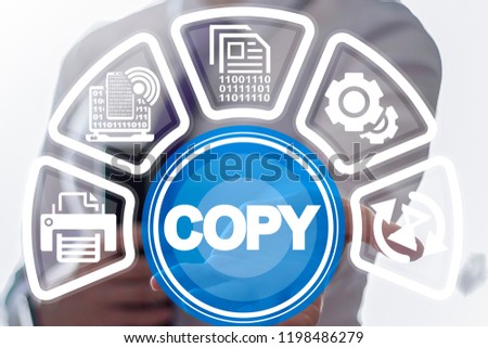 Young woman offers a copy word on a virtual panel. Copy Digital Process Office Work concept.