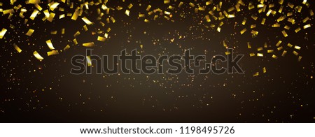 raining gold confetti isolated on black, party background concept with copy space for award ceremony, New Year's Eve and jubilee