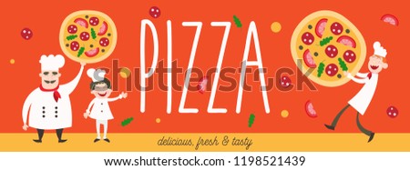 Chefs in Restaurant Kitchen Cooking. Cute Cooks in Uniform. Cartoon Chef Carries Big Pizza. Funny Kids Menu. Web Banner, Headline of Site or Pizzeria Menu. Vector Illustration.