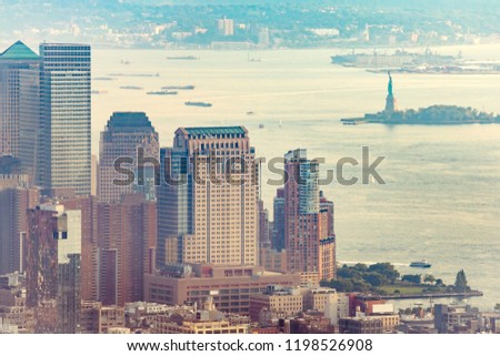 View of Manhattan from the top angle at sunset. New York City view from the top.