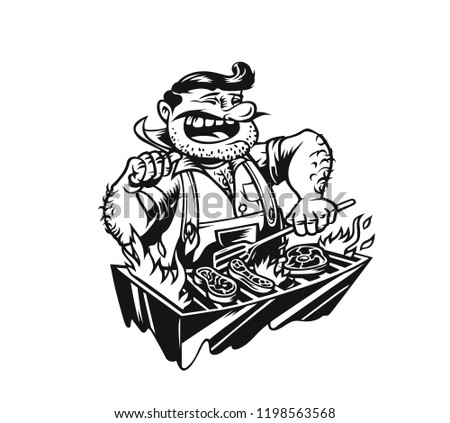 The Chef prepares meat on the barbecue. vector illustration.