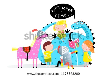 Reading Book Dragon to Kids. Fairy tale funny dragon reading book to children and knight with horse. Royalty-Free Stock Photo #1198598200
