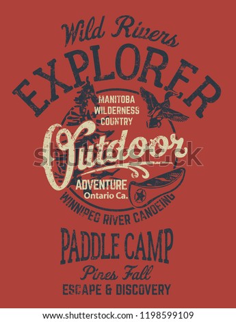 Ontario rivers canoe camp adventure vector print for boy t shirt grunge effect in separate layer