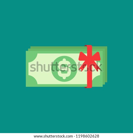 Green dollar bank notes pack with red ribbon isolated on blue. Money prize, gift or award flat icon. Salary, cash, currency, bank paper vector illustration. Win in a lottery, bonus concept