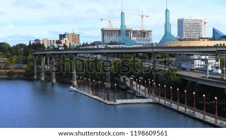 View of Portland, Oregon with highway by the Willamette River