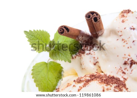 Ice-cream decorated with cinnamon and mint. Isolated on white background