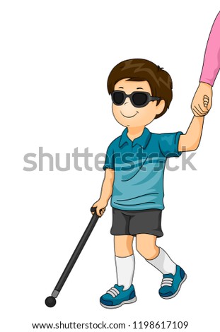 Illustration of a Blind Kid Boy Using White Cane and Holding Moms Hand
