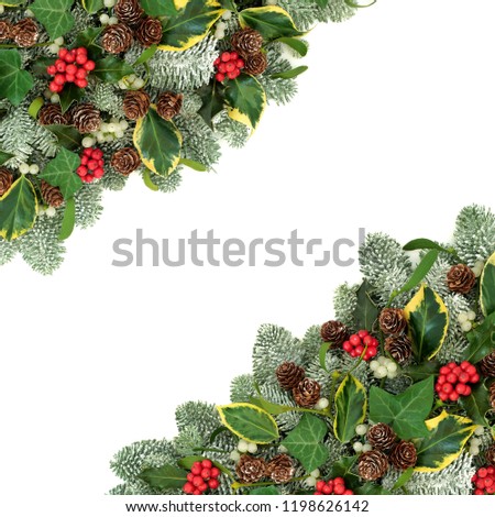 Christmas and winter natural background border with holly berries, snow covered spruce pine, ivy, pine cones and mistletoe on white with copy space.