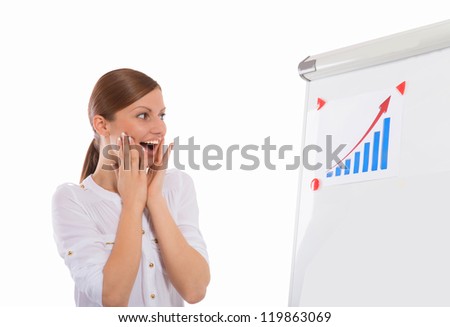 Happy young woman looking at the business progress chart, on white background