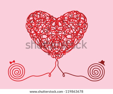 Woven Heart of red lines on a pink background, vector doodle