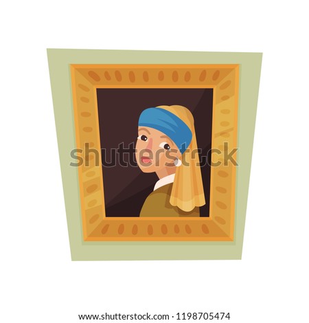 Famous painting of girl with pearl earring and blue headscarf. Museum exhibit. Flat vector for promo poster