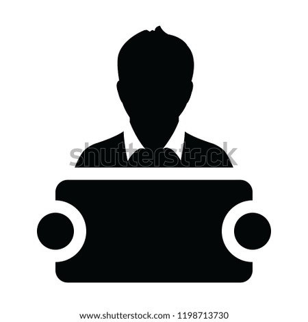 Announcement icon vector male person profile avatar symbol with signboard for advertising campaign in glyph pictogram illustration