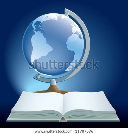Book and globe on a blue background.
