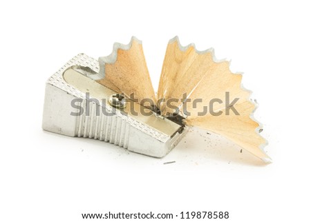 sharp pencil and a metal sharpener on a white background