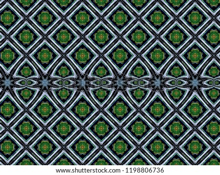 A hand drawing pattern made of silver yellow green and blue on a black background.