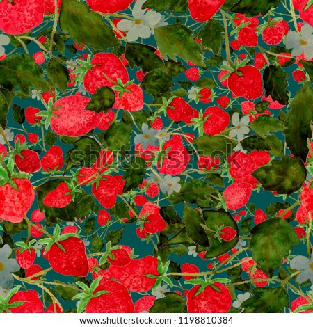 Watercolor seamless pattern with strawberries.
