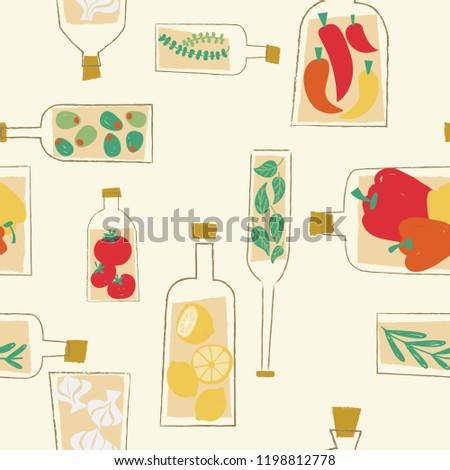 Vector decorative kitchen bottles seamless pattern background. Perfect for crafting projects, scrapbooking or fabrics.