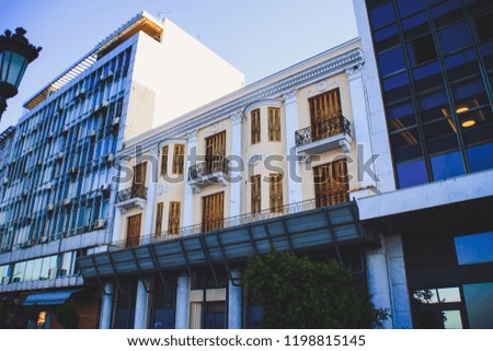 The seafront in the city of Thessaloniki, Greece. Mediterranean Sea, holiday resort. Ancient houses. Sunny day. Colorful city.