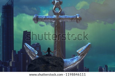 2d illustration. Human standing on an edge. Dreamlike abstract imaginary image. Imaginary world illustration. Sea life.