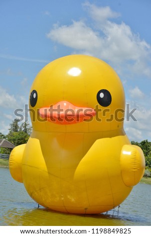 Duck balloons are in the public park.