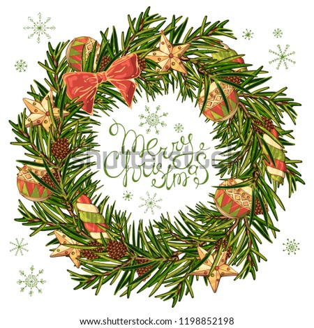 Group of vector colorful illustrations on the theme of Christmas Traditions; a wreath of green branches of a Christmas tree, decorated with New Year decorations.
