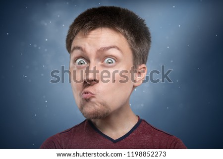portrait of a guy with funny emotion, doll style processing