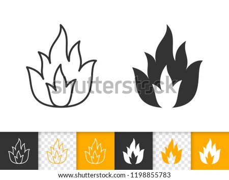 Fire black linear and silhouette icons. Thin line sign of bonfire. Flame outline pictogram isolated on white color, transparent background. Candle blaze vector Icon shape. Flare simple symbol closeup