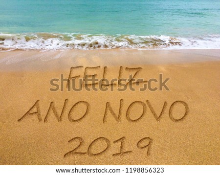 Happy new year 2019 written in the sand on a beautiful Brazilian beach (translation portuguese:happy new year).