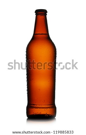 Chilled bottle of beer on a white background.