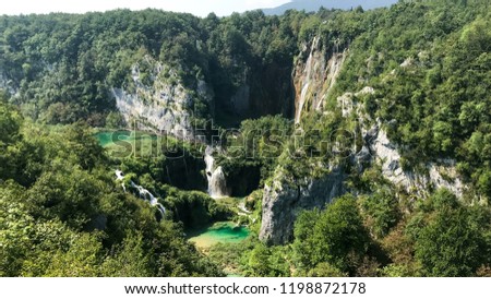 Panorama of Plitvice lakes and waterfall