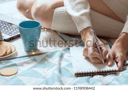 background - beautiful cozy morning and and the girl is planning her day

