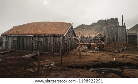 Stokksnes, Iceland Stokksnes also known as the Viking Village. Old village with green roofs and wood buildings. The authentic Viking Village was built at the foot of Mount Vestrahorn