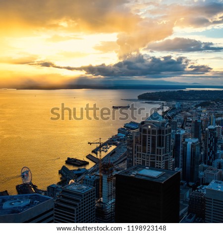 Aerial view of Seattle Skyline at sunset