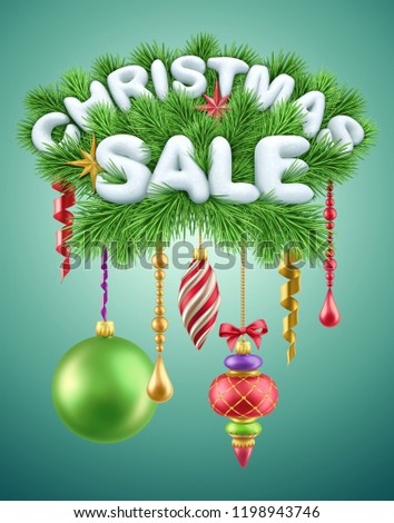3d render, christmas decor, snow text, green fir tree branch, hanging vintage ornaments, glass balls, seasonal shopping commercial, sale poster, discount announcement, isolated clip art