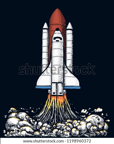 space shuttle takes off. astronomical astronaut exploration. engraved hand drawn in old sketch, vintage style for label, startup business or T-shirt. flying ship. rocket launching to the sky.