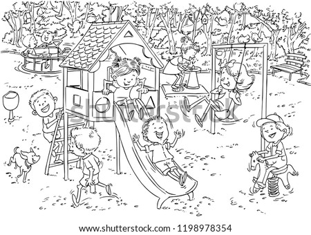 Vector illustration, kids playing in park, coloring drawing, cartoon concept.