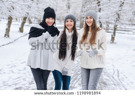 three young and active girls in hats and scarves stroll through the winter snow covered park