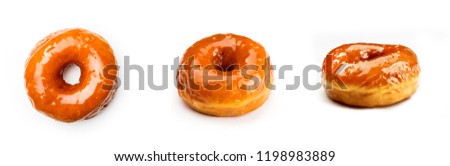 Donut glazed with caramel, isolated on white background. View from three different angles.