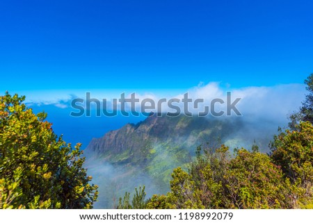 View of the mountain landscape, Kauai, Hawaii, USA. Copy space for text                