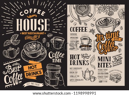 Coffee restaurant menu. Vector beverage flyer for bar and cafe. Blackboard design template with vintage hand-drawn food illustrations. Royalty-Free Stock Photo #1198998991