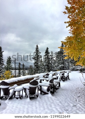 Patio furniture covered in snow