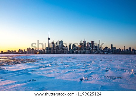 View of Toronto skyline from Ward's Island at sunset.