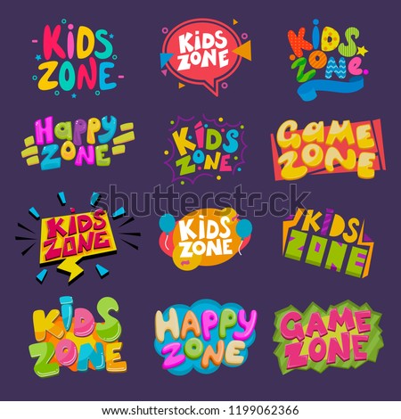 Game room vector kids playroom banner in cartoon style for children happy play zone decoration illustration set of childish lettering label for kindergarten decor isolated on background Royalty-Free Stock Photo #1199062366