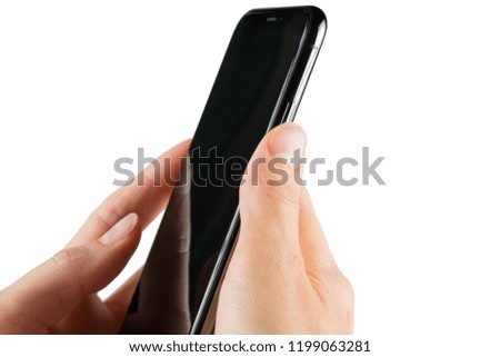 Close up of female hands holding modern smartphone on a white background 