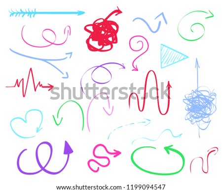 Abstract arrows. Multicolored infographic elements on white. Set of different indicator signs. Hand drawn simple objects. Line art. Symbols for work