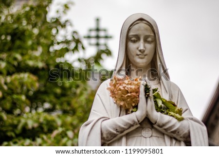 Interior daytime shallow depth of field retro stock photo of statue of the Mother Mary in foreground in courtyard of the Cathedral of the Immaculate Conception in Syracuse, New York in Onondaga County